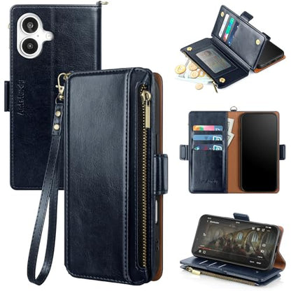 Antsturdy for iPhone 17 Phone Wallet Case Women,Dark Blue | RFID Blocking,with Credit Card Holder Slots,PU Leather Purse,Zipper Pocket,Wrist Strap Kickstand,Flip Folio Cover for Men - color: Dark Blue