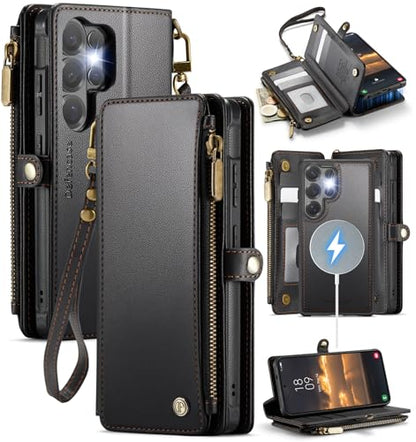 Defencase for Galaxy S26 Ultra Case Wallet Compatible with Magsafe, Black | Magnetic Detachable, RFID Bolcking Card Holder, Zipper Strap, PU Leather Drop-Proof Phone Cover for Samsung Galaxy S26 Ultra - color: (Detachable with Magsafe)-Black
