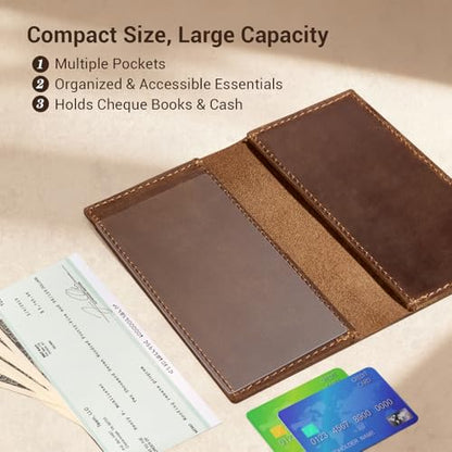 CoBak Genuine Leather Checkbook Cover for Women & Men, with RFID Blocking | Classic Design Check Book Holder for Personal and Business - color: *Genuine Leather Brown