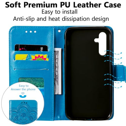 EYZUTAK Case for Samsung Galaxy A17 5G/A26 5G, Premium Leather Magnetic Closure Flip Wallet Phone Case with Card Holder Cash Slots Kickstand Embossed Mandala Flower Shockproof Lanyard Cover - Blue - color: Blue, size: Samsung Galaxy A17 5G/A26 5G