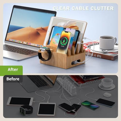 Pezin & Hulin Bamboo Charging Stations with 5 Port USB Charger & 5 Cables - color: Dock Rack +HUB +Cables