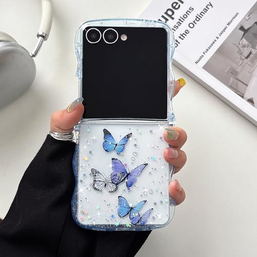 UEEBAI Wave Butterfly Case for Samsung Galaxy Z Flip 7 5G Case, Pretty Bling Star Butterfly Cute Shiny Glitter Phone Cover for Girls Bling Clear Cover Curly Shockproof Girly - Blue - color: Blue, size: Z Flip 7 5G