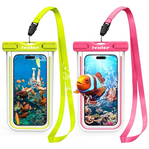 ivoler 2-Pack Waterproof Phone Pouch, Cell Phone Dry Bag for iPhone 17/16/15 Pro Max, Samsung S26/S25 Ultra, Waterproof Phone Case for Beach, Cruise Essentials & Travel, [Fit Up to 7''] - color: Neon Green & Neon Rose Red