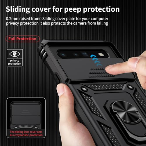 Vinve for Google Pixel 6 Pro Case with Slide Lens Cover, Military Grade Drop Protection, Magnetic Rotated Ring Holder Kickstand Protective Phone Case (Black) - color: Black ,Military Grade 2nd gen.