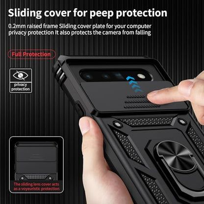 Vinve for Google Pixel 6 Pro Case with Slide Lens Cover, Military Grade Drop Protection, Magnetic Rotated Ring Holder Kickstand Protective Phone Case (Black) - color: Black ,Military Grade 2nd gen.