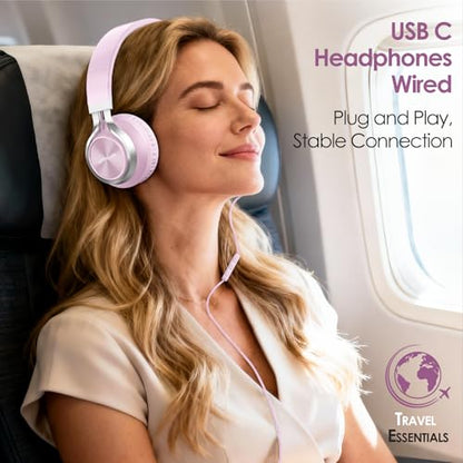 INFURTURE USB C Headphone for Kids & Adults Over-Ear Wired Pink Headphone - color: Rose Pink