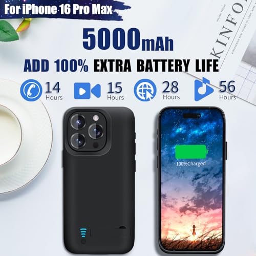 Battery Case for iPhone 16 Pro Max, 5000mAh Rechargeable Extended Battery Charging/Charger Case, Add 100% Extra Juice (6.9 inch) Black