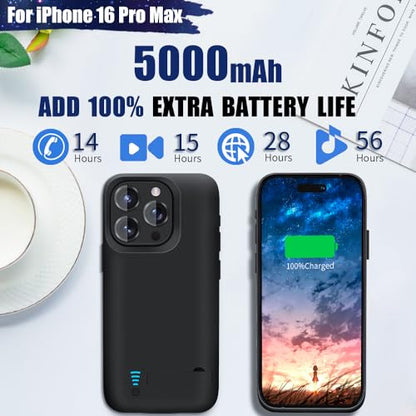 Battery Case for iPhone 16 Pro Max, 5000mAh Rechargeable Extended Battery Charging/Charger Case, Add 100% Extra Juice (6.9 inch) Black
