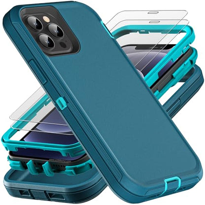 YKHJKLEC for iPhone 12/12 Pro Case, Military Grade 3 in 1 Heavy Duty Shockproof/Drop Proof/Dust Proof with 2Pcs Tempered Glass Screen Protector (Blue/Turquoise) - color: Blue/Turquoise
