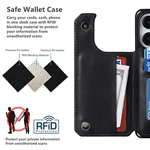 iCoverCase Compatible with iPhone 14 Pro Wallet Phone Case with Card Holder for Women, RFID Blocking Embossed PU Leather Wrist Strap Case 6.1 Inch (Macaron Black) - color: P-Black
