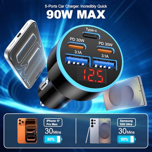90W 5-Port Cigarette Lighter USB Charger Adapter USB C Fast Charging - size: 1 Pack