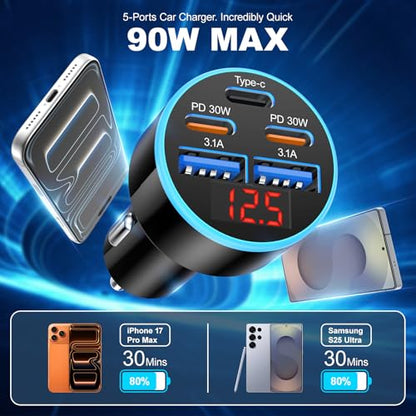 90W 5-Port Cigarette Lighter USB Charger Adapter USB C Fast Charging - size: 1 Pack