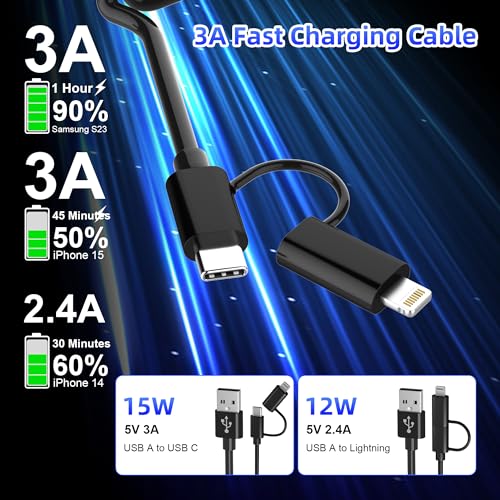 USB to USB-C and Lightning Cable Combo 2 in 1 Coiled Cable Support Apple Carplay & Android Auto [MFi & 3A Fast Charge & Data Sync] Coiled Lightning and USB C Cable for iPhone 17/16/15/14/13/12/Android - color: Black