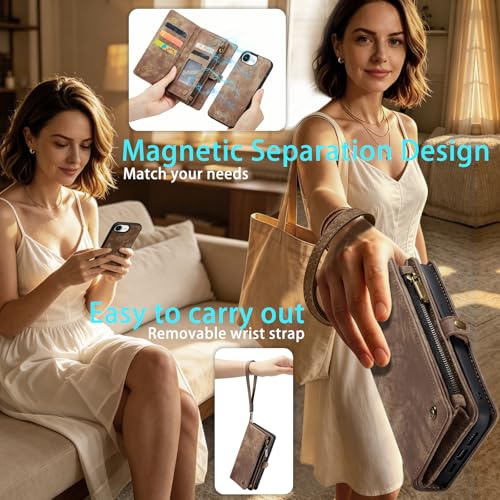 Compatible with iPhone 17E/16E Wallet Case with Magsafe,Brown | Magnetic Detachable Case,Card Holder,Zipper Pocket,Strap Wristlet, Soft Leather Drop-Proof Phone Case for iPhone 17E/16E - color: (Detachable and Magsafe)-Brown, size: iPhone 16E/17E 6.1 Inch