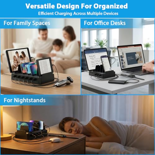 Charging Station for Multiple Devices, 6 Port USB Desktop Charger Dock Compatible with iPad, Samsung, Android, Tablet, Family Multi Phone Charging Organizer with Divider Holders, Fireproof ABS (Black)