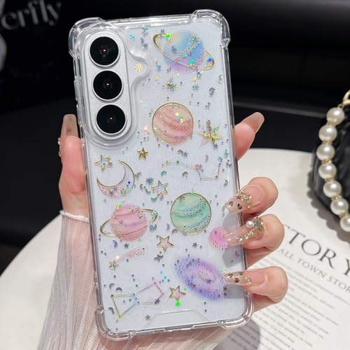 Changjia for Samsung Galaxy S26 Clear Glitter Case, Cute Girly Bling Sparkle Planet Space Stars Moon Universe Pattern Soft TPU Silicone Shockproof Women Girls Protective Case for Galaxy S26 6.3",Clear - size: for Samsung Galaxy S26 6.3"