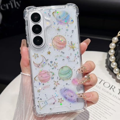 Changjia for Samsung Galaxy S26 Plus Clear Glitter Case, Cute Bling Sparkle Planet Space Stars Moon Universe Pattern Soft TPU Silicone Shockproof Women Girls Protective Case for Galaxy S26 Plus, Clear - size: for Samsung Galaxy S26 Plus 6.7"