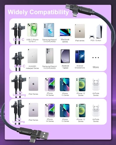 90 Degree USB C Cable for iPhone 17 16 Pro Max, 4in1 USB-C/A to C/Lightning Cable 6FT, 60W Fast Multi Charging Cord with 90° Rotating Swivel USBC/Lightning Adapter for Apple 15 14 13,Carplay,Auto