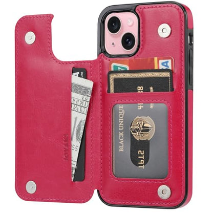 Wallet Case Compatible with iPhone 15 6.1”,Slim Protective case with Card Holder, PU Leather Kickstand Card Slots Case with a Screen Protector-Rose Red - color: Rose Red