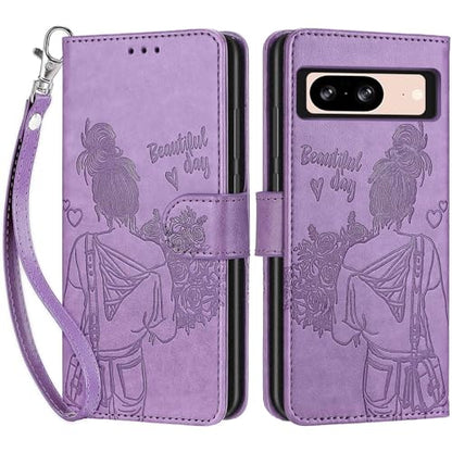 Wallet Case for Google Pixel 8, Purple Girl | Women Flip Folio Cover, Embossed PU Leather, Stand, Credit Card Holders Slots, Wrist Strap - color: 10