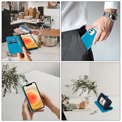MONASAY Wallet Case Compatible for iPhone 12 mini 5G 5.4-inch,[Glass Screen Protector Included] [RFID Blocking] Flip Folio Leather Cell Phone Cover with Credit Card Holder, Light Blue | 5.4" fits 12 mini | Glass protector incl | Holds 3 cards | RFID block