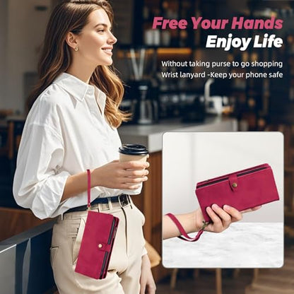 TwoHead for iPhone 11 Wallet case with 11 Card Holder (Wine Red) | Detachable Magnetic Phone Case, PU Leather Wallet for Women/Men,Wireless Charging Compatible,with Wrist Strap - color: Wine Red