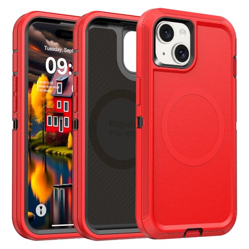 TUTUKII Magnetic for iPhone iPhone 15, 14 & 13 Case Red/Black | MagSafe Compatible, Rugged, Tough, Heavy Duty, Shockproof, Tri-Layer, 6.1-Inch, - color: Red/Black