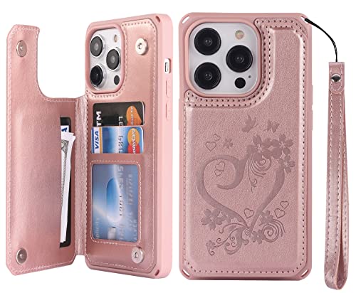 iCoverCase Compatible with iPhone 14 Pro Max Wallet Phone Case with Card Holder for Women, RFID Blocking Embossed PU Leather Wrist Strap Case 6.7 Inch (Heart Rose Gold) - color: H-Rose Gold
