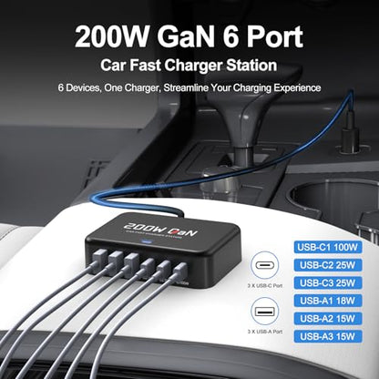 Dzytnsy 200W Car Fast Charging Station,6 Ports, Compatible with MacBook pro/Air/M5 M4 M3 M2 M1/Dell/Lenovo/HP,for iPhone18/17/16/15 Series,Samsung Galaxy S26/S25 Ultra/S24 Series and More