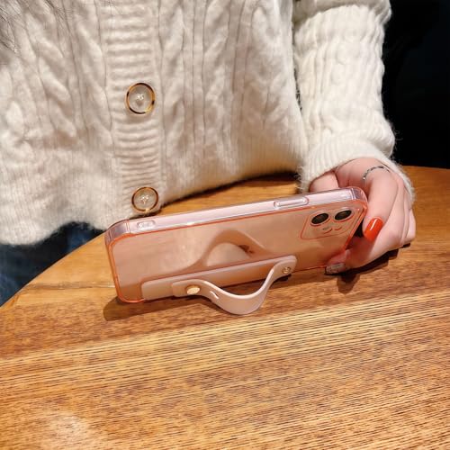 Compatible for iPhone 12 Case with Strap Holder Stand - Pink | Wristband Kickstand, Clear Soft TPU, Adjustable Finger Hand Grip Loop, Shockproof Bumper Rugged Cover - color: Chalk Pink, size: iPhone 12 6.1"