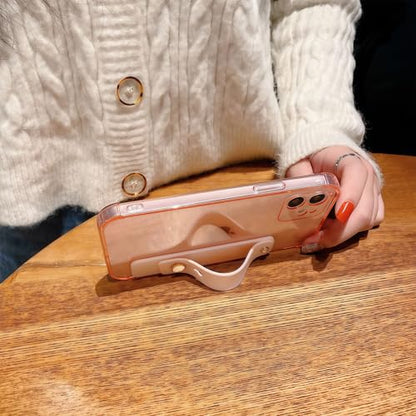 Compatible for iPhone 12 Case with Strap Holder Stand - Pink | Wristband Kickstand, Clear Soft TPU, Adjustable Finger Hand Grip Loop, Shockproof Bumper Rugged Cover - color: Chalk Pink, size: iPhone 12 6.1"