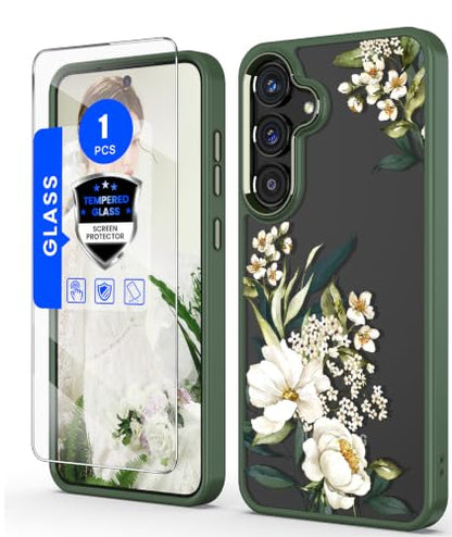 Clear Flower Pattern Phone Case for Samsung Galaxy S26 FE-Gardenia | Girl Women Slim Soft TPU + Hard PC Military Grade Protective Phone Cover WithTempered Glass Screen Protector for S26 FE - color: S26 FE-Gardenia