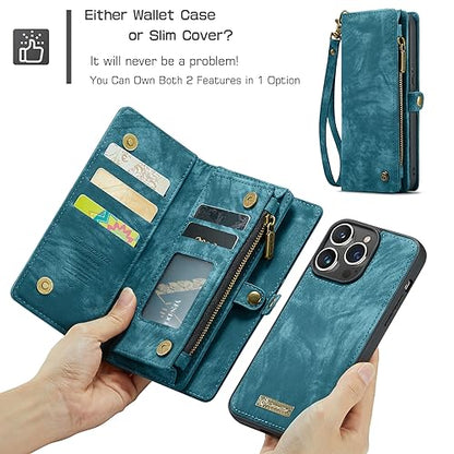 Compatible with iPhone 15 Pro Wallet Case with Magsafe,Blue | Magnetic Detachable Case,Card Holder,Zipper Pocket,Strap Wristlet, Soft Leather Drop-Proof Phone Case for iPhone 15 Pro - color: Blue, size: iPhone 15 Pro 6.1"