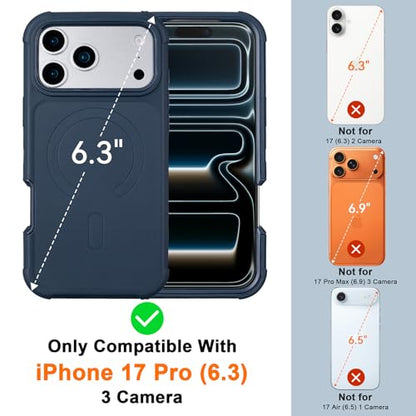 for iPhone 17 Pro Case with Clip, Compatible with Magsafe, Blue | Anti-Drop, Anti-Fingerprint, 3 in 1 Heavy Duty Shockproof Protection, Military-Grade for iPhone17 Pro Phone Case Rugged - color: Blue