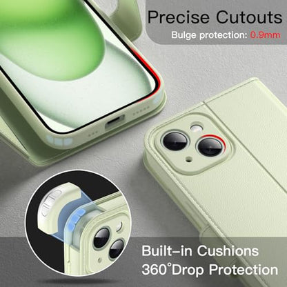 JETech Wallet Case for iPhone 15, Green | Shockproof PU Leather, Card Holder, Magnetic Flip Cover, Stand Feature, Full Camera Protection - color: Green