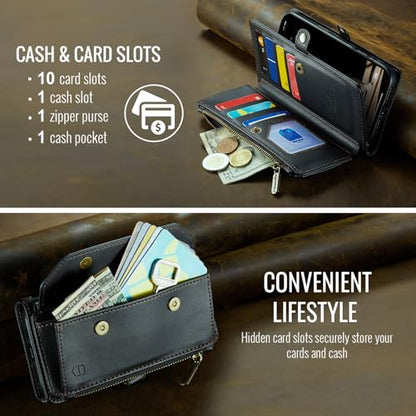 Strapurs Wallet Case Compatible with iPhone 14 Plus RFID Blocking 10-Card Holder Soft PU Leather Magnetic Snap Shoulder Strap Zipper Pocket Phone Case Fit for iPhone 14 Plus 6.7" - Black | RFID Blocking 10-Card Holder, Shoulder Lanyard, Wirst Strap, Zippe