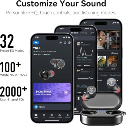 TOZO T10 Wireless Earbuds Powerful Bass Stereo Wireless Charging, APP, IPX8 - color: Black