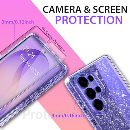 Full Protective for Galaxy S26 Ultra Heavy Duty Hybrid 3 in 1 Rugged Shockproof Women Girls for Samsung Galaxy S26 Ultra 6.9 inch 5G Shiny Clear Glitter Bling Sparkle - size: 6.9 inch (for S26 Ultra)