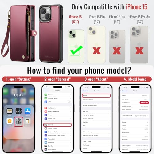 Defencase for iPhone 15 Phone Case Wallet Compatible with Magsafe, Wine Red | Magnetic Detachable, Drop-Proof Protective Wallet Cases Cover, with RFID Bolcking Card Holder, Zipper Strap, Soft PU Leather - color: (Detachable with Magsafe)-Wine Red