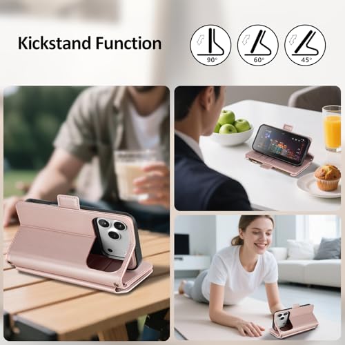 Antsturdy Compatible with MagSafe iPhone 17 Pro Wallet Case,Rose Gold | Detachable Magnetic Credit Card Holder,RFID Blocking,PU Leather Zipper Purse,Wrist Strap Kickstand,Flip Phone Cover for Women - color: (Detachable with Magsafe)-Rose Gold