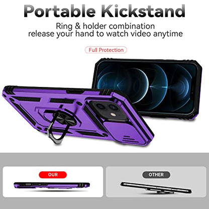 for iPhone 12/ iPhone 12 Pro Case with Camera Lens Cover, Purple | HD Screen Protector, 16 FT Military Grade Drop Protection, Magnetic Kickstand Rugged Shockproof Protective Cove - color: Purple
