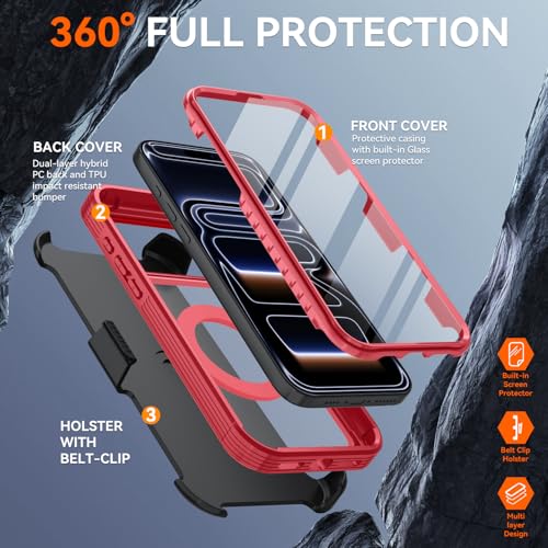 Magnetic for iPhone 17 Pro Case, Compatible with MagSafe, Full Body Rugged Case with Built-in Screen Protector & Kickstand & Belt-Clip (Red) - color: Red