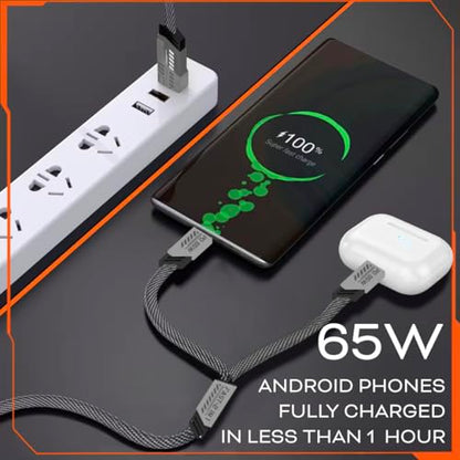 Ankus 4 in 1 Universal Charging Cable USB-C, 65W Fast Charge, 3.9ft (1.2m) with Hook-and-Loop Fastener, Compatible with iPhone, Samsung, and More - Gray