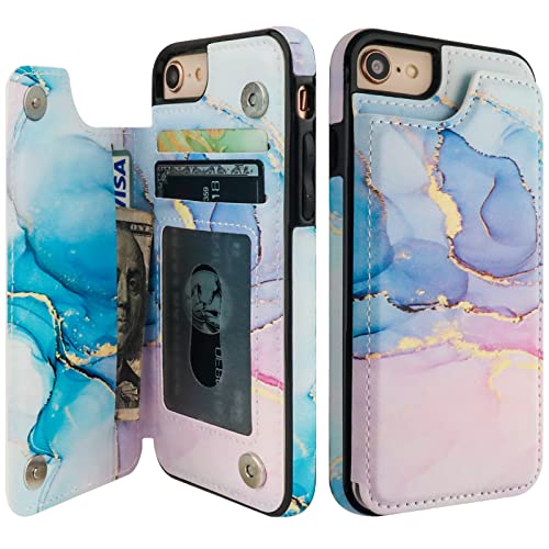 HAOPINSH for iPhone SE(2022) iPhone SE(2020) iPhone 7/8 Wallet Case with Card Holder, Pink Blue Marble Back Flip Folio PU Leather Kickstand Card Slots, Double Magnetic Clasp Cover 4.7" - color: Pink Blue Marble