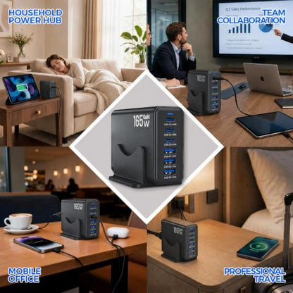 165W GaN Charging Station, 6-Port Desk Charging Station, Black - color: Black
