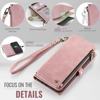 Defencase for Samsung Galaxy S26 Ultra Wallet Case with Card Holder, Pink | with RFID Blocking Zipper Pocket, Durable PU Leather, Wrist Strap, S26 Ultra Flip Phone Cases Cover with Stand for Women Men - color: Rose Pink