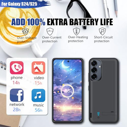 [New Battery Case for Samsung Galaxy S25 S24, 5000mAh Rechargeable Extended Battery Charging Charger Case, Add 100% Extra Juice (6.2 Inches) Black
