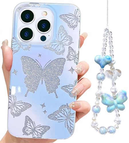 Abbery for iPhone 16 Pro Case Butterfly with Strap Wrist Glitter Cute Clear Blue Purple Design Bling Sparkle Aesthetic Shockproof Protective Stury Women Girls Girly Hard Phone Cover - color: Butterfly, size: for iPhone 16 Pro