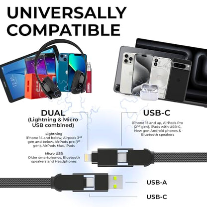 Rolling Square inCharge XL 6-in-1 Multi Charging Cable, Portable USB and USB-C Cable with 100W Ultra-Fast Charging Power, 1 Ft/0.3m, Urban Black - color: Black