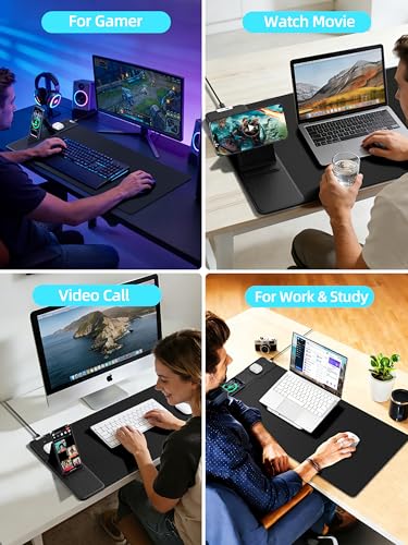 Mouse Pad with Magnetic Wireless Charging & Adjustable Phone Stand, 31.5"x15.8" Extended Desk Mat, Waterproof Ultra-Smooth Keyboard Pad, Non-Slip Base, Black - color: Black-magnetic Stand-31.5"x15.8"-left